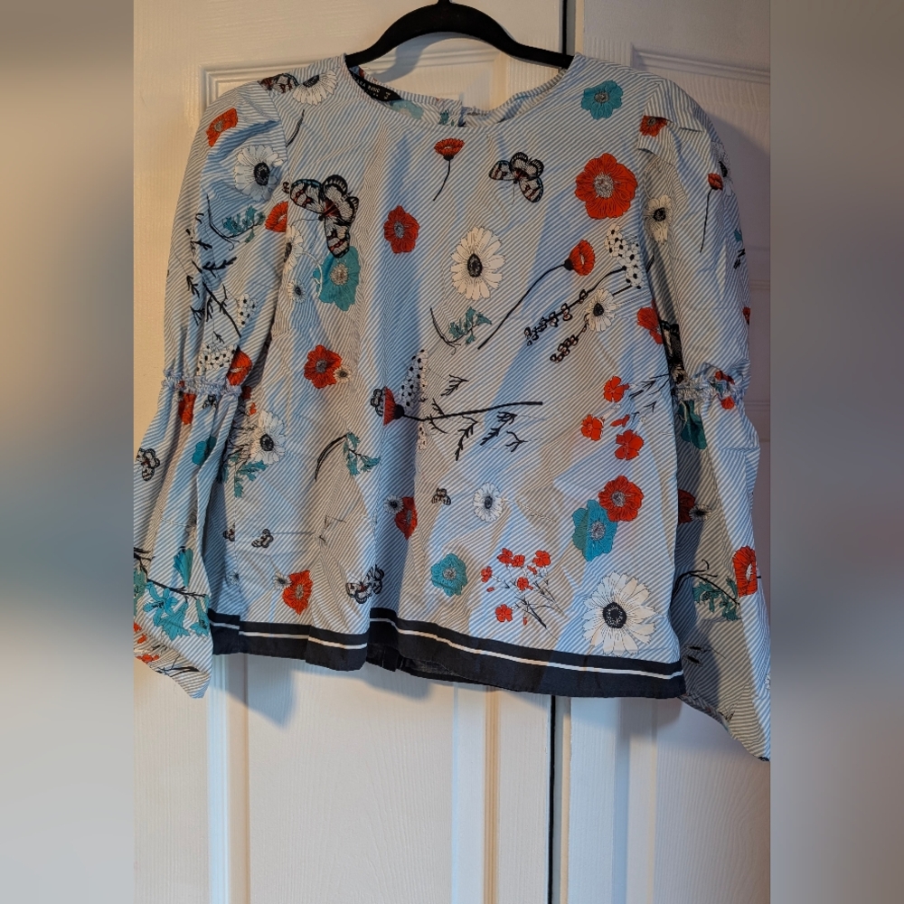 Zara Blue Striped Floral Blouse
